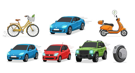 Diverse collection of modern vehicles including cars bicycle scooter and unicycle. © Rizal