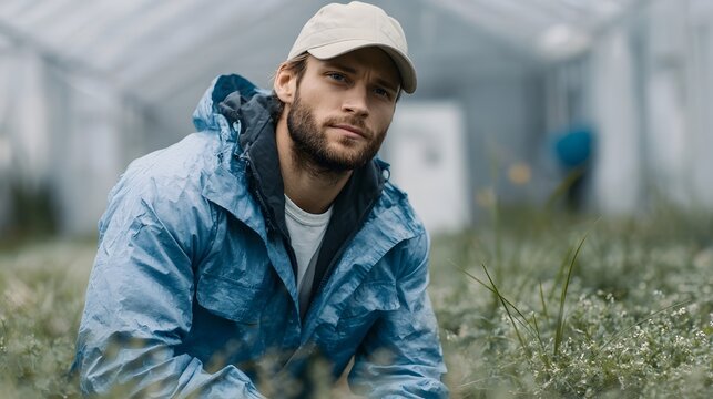 A man wearing a cap and jacket inspects lush green plants in a functional greenhouse looking directly at the - Powered by Adobe