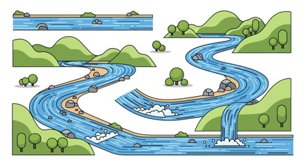 Cartoon River Landscape with Mountains Trees and Waterfalls. © Rizal