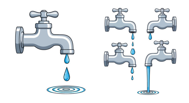 Illustrated set of metallic water taps showing different flow rates from a single drop to a steady stream.