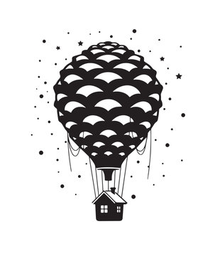 Black and white illustration of a hot air balloon shaped like a pinecone carrying a small house with scattered dots and stars