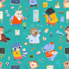 Animal teacher seamless pattern. Education elements, teachers and scientists, school or college characters. Childish print template, nowaday vector background