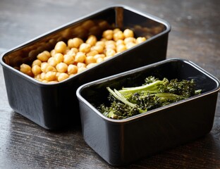 Two rectangular black containers hold cooked chickpeas and kale, showcasing a healthy meal prep solution.