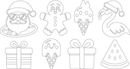 Outlined Christmas and Summer Icons Santa, Gingerbread Man, Flamingo, Presents, Ice Cream, Watermelon Slice