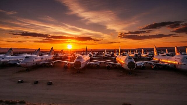 Sunset Over Airplane Graveyard: A Hauntingly Beautiful Aviation Scene.
