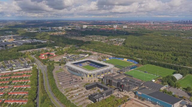 Drone view of Brondby IF football stadium near Copenhagen, Denmark.