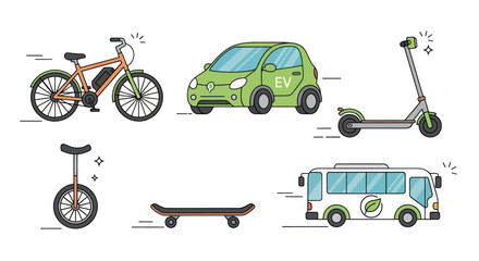 A colorful hand-drawn illustration set of various eco-friendly transportation methods. © Rizal