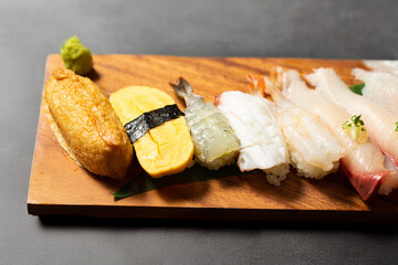 Different types of sushi on a plate