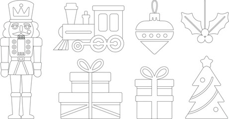 Outlined Christmas Coloring Page Nutcracker, Train, Ornament, Holly, Gift Boxes, and Decorated Christmas Tree