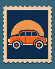 Vintage car on a stamp with a sun background, a nostalgic and artistic representation