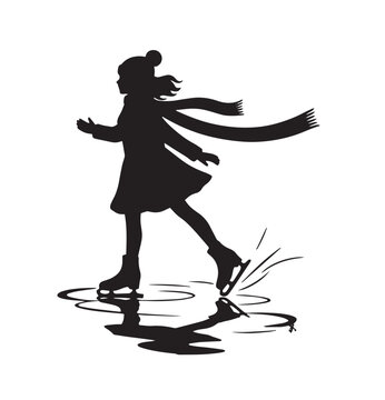 Silhouette of a girl ice skating with a flowing scarf and reflection on ice female winter