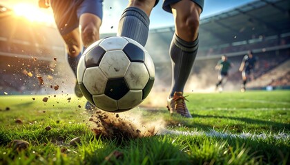 Fototapeta premium Soccer ball kicked on a grassy field during a match.