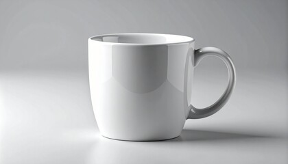 Obraz premium Plain white ceramic mug with handle on right, placed on light surface against gray background.