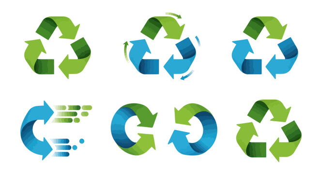 A collection of modern green and blue recycling logo icons with arrows representing sustainability and environmental conservation.