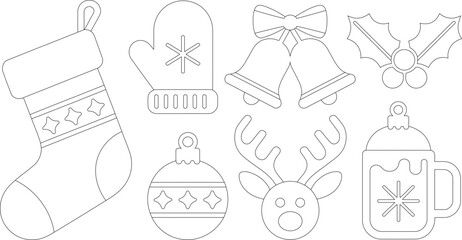 Outlined Christmas Icons Stocking, Mitten, Bells, Holly, Ornament, Reindeer, and Decorated Mug