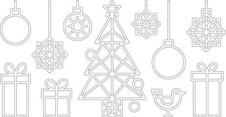Outlined Christmas Ornament Collection Featuring Christmas Tree, Snowflake, Presents, Baubles, and a Bird
