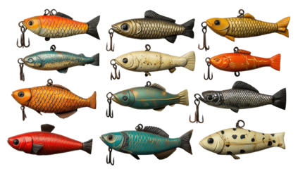 Array of painted fishing lures in varied colors, vintage hooks