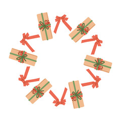 Festive round frame with presents . Colorful circular frame decorated with wrapped gifts, perfect for holiday greeting cards, posters or festive designs.