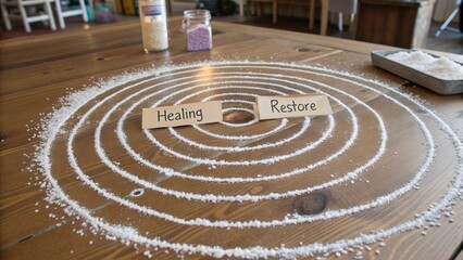 Top down view of salt circles labeled Healing Restore