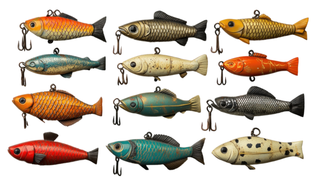 Array of painted fishing lures in varied colors, vintage hooks