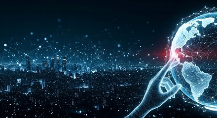 Digital Hand Interacting with a Futuristic Globe Over a Cityscape