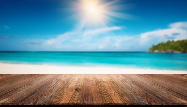 empty dark wood table overlooking a sun drenched blurred tropical beach an ideal paradise background for summer product displays vacation mockups travel promotions