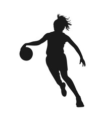 Silhouette of a young female basketball player dribbling the ball during a game or practice