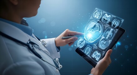 Doctor analyzing medical scans on a futuristic tablet with glowing effects