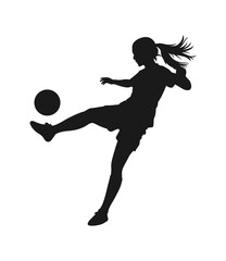 Silhouette of a young female soccer player kicking a ball in action isolated on transparent background
