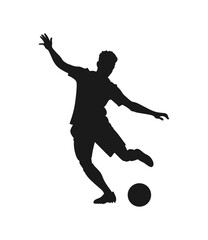 Silhouette of a soccer player kicking a ball in dynamic motion on a white background