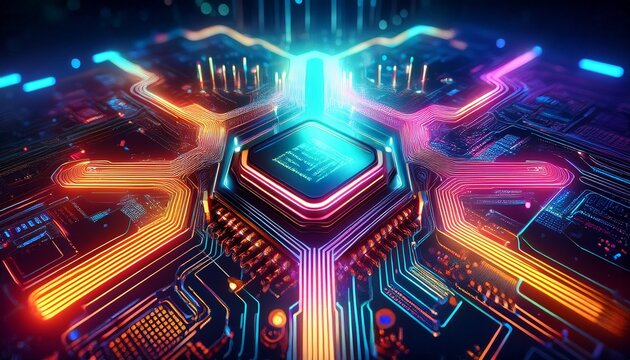 neon glowing ai text on chip with a colorful circuit board background and holographic light effects with vibrant colors