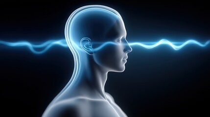 Human head profile with glowing brainwave. Concept of mind, intelligence, thinking process, and digital technology.