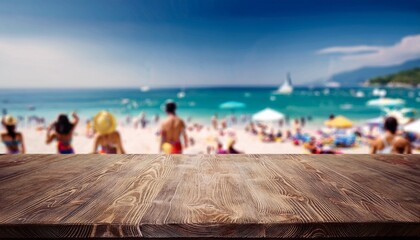 rustic wooden table against blurred backdrop of a bustling beach with sunbathers and sparkling ocean an ideal paradise background for summer product displays vacation mockups travel promotions