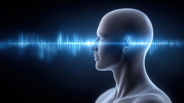 Human profile with glowing blue wave, symbolizing mind, senses, and digital information processing.