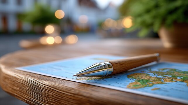Wooden pen on a world map, ready for travel planning and global adventure