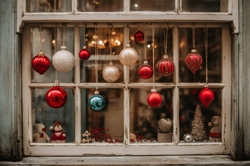 a window with ornaments hanging from it