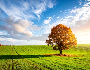 A lone tree in full autumn foliage stands in a vibrant green field under a bright blue sky with fluffy white clouds. The sun is setting