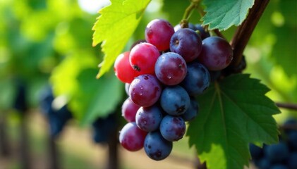 Fototapeta premium Dew Kissed Grape Cluster Macro A detailed macro photograph of a cluster of plump, ripe wine grapes. Tiny, sparkling dew droplets cling to the surface of the grapes, emphasizing their texture and