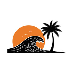 Tropical coconut tree and beach resort logo design for summer-themed branding