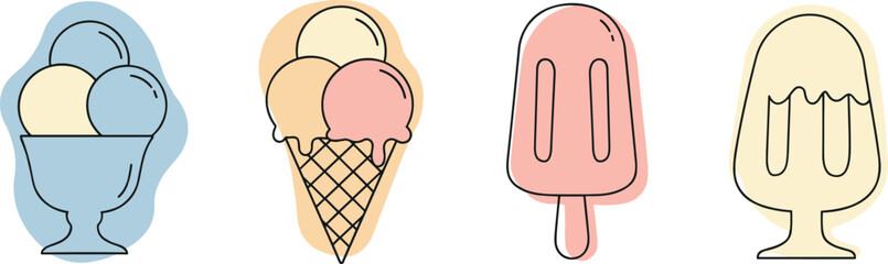 Colorful vector illustration of ice cream bowl, waffle cone, popsicle, and pudding dessert in minimal flat style for summer design