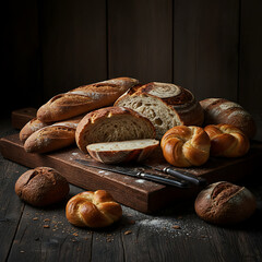 Two sharp knives on a dark wooden board surrounded by various types of bread, rustic kitchen scene, artisanal bakery concept, moody lighting and rich textures, authentic culinary composition.