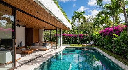 Fototapeta premium Luxurious modern villa with vibrant tropical garden, infinity pool, and serene outdoor living space.