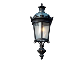 Antique Victorian Street Lamp with Ornate Iron Design and Warm Vintage Glow, Classic Garden Lantern Post, Isolated on Transparent Background, PNG