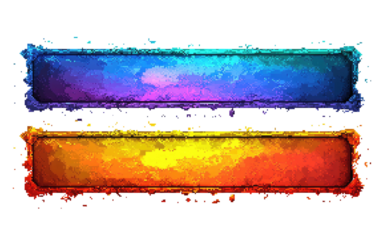 Two colorful, rectangular panels, top one ice-themed and bottom is fire