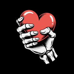 skeleton hands folded in a red heart, heart gesture, black and white line drawing vector.