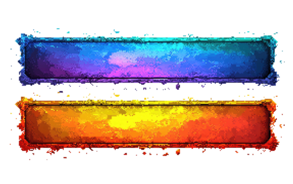 Two colorful, rectangular panels, top one ice-themed and bottom is fire