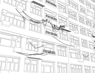 Fototapeta premium A black and white drawing of a building facade featuring numerous windows and balconies, with some wires in the foreground.