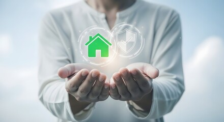 Hand Holding Digital Home Icon with Protective Shield Securing Real Estate Investment
