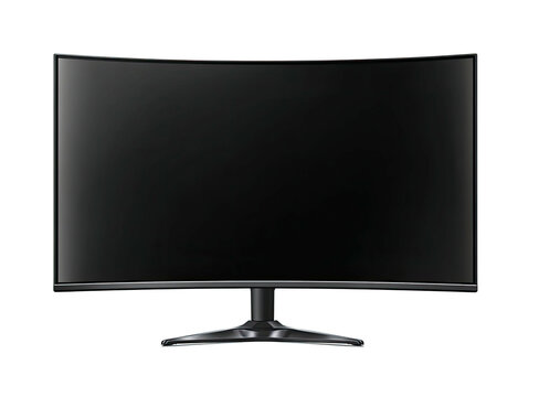 A curved, black computer monitor stands against a black background, its screen turned off