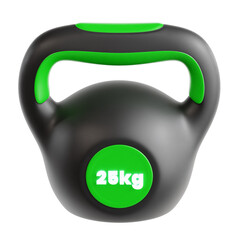 A close up shot of a twenty five kilogram kettlebell with green accents against a black background